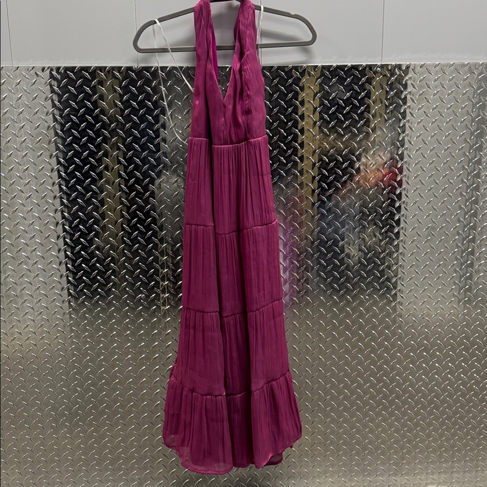 Magenta Lulus Organza Tie-Strap Tiered Midi Dress - Size Small - Picture 2 of 5